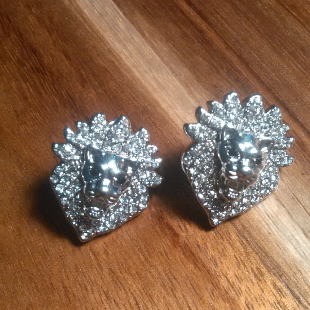 White and Black Crystal Lion's Head Silvertone Earrings